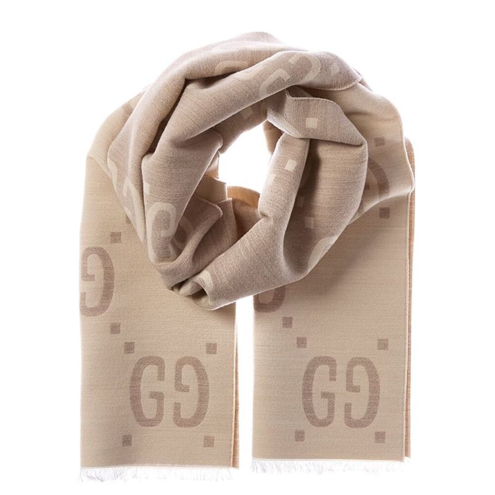 Gucci Gg Jacquard Wool & Silk-Blend Scarf, White